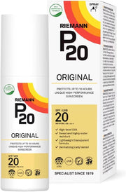 Riemann P20 Original SPF20 Sunscreen Spray bottle & box, 100ml, on white background.