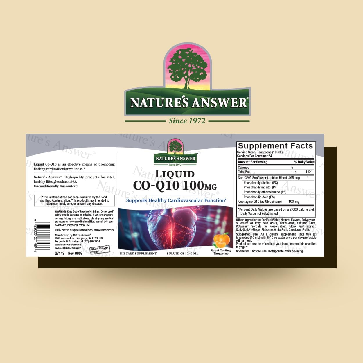 Nature's Answer Liquid CO-Q10 100MG supplement label on a beige background
