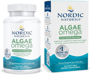 Nordic Naturals Algae Omega vegan softgel bottle & box - 120 softgels, white background.