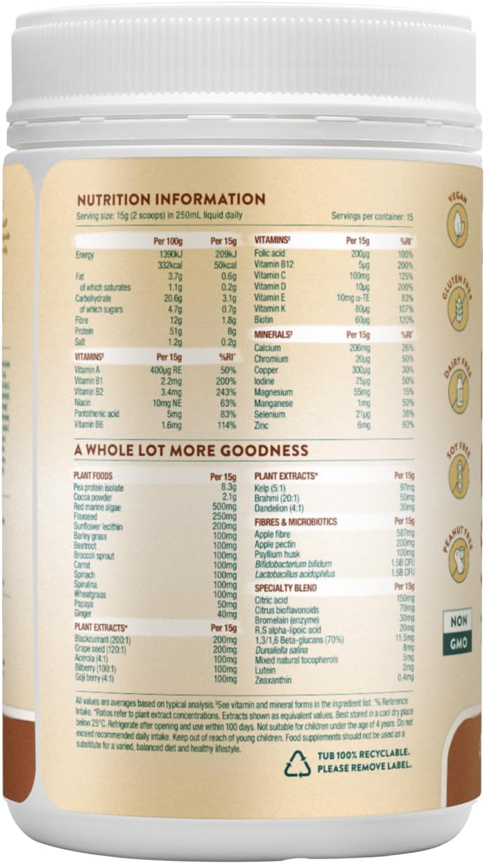 Back of Kids Good Stuff chocolate tub showing nutritional info and ingredients.