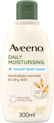 Aveeno Daily Moisturising Yogurt Body Wash bottle, 300ml, with vanilla and oat scent.