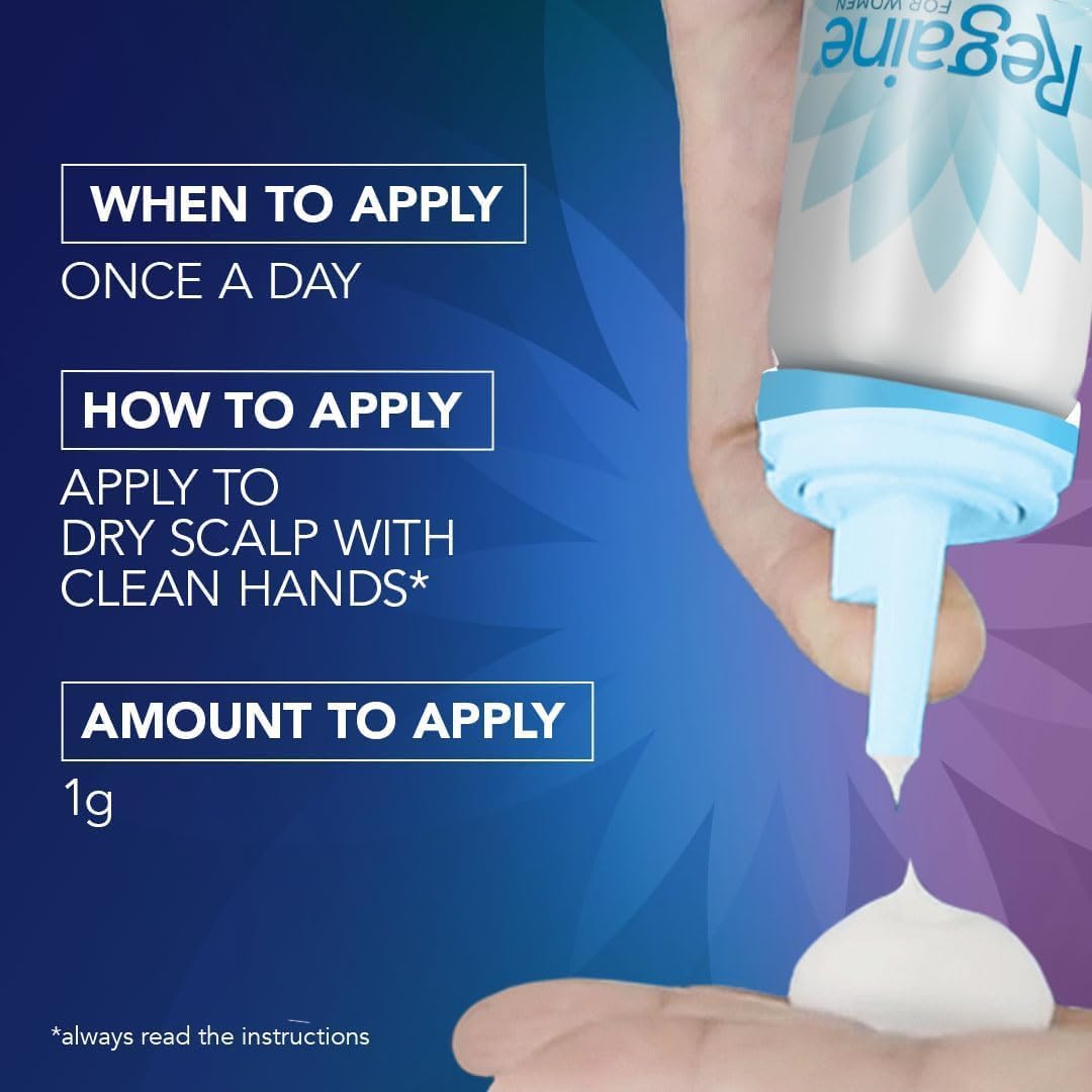 Regaine hair care product being applied with text on how to use it