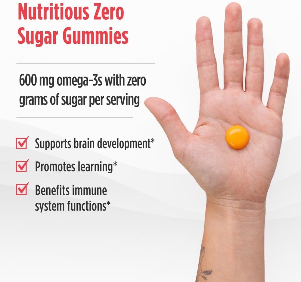 Packaging showing supplement facts for zero sugar kids omega-3 gummies.