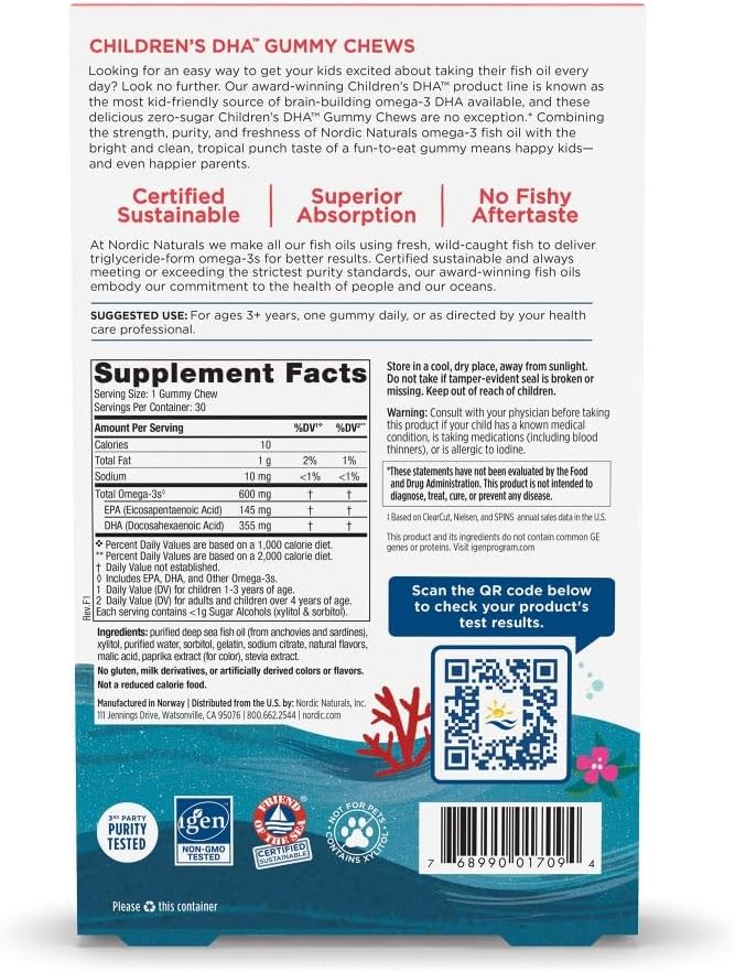 Packaging showing supplement facts for zero sugar kids omega-3 gummies.