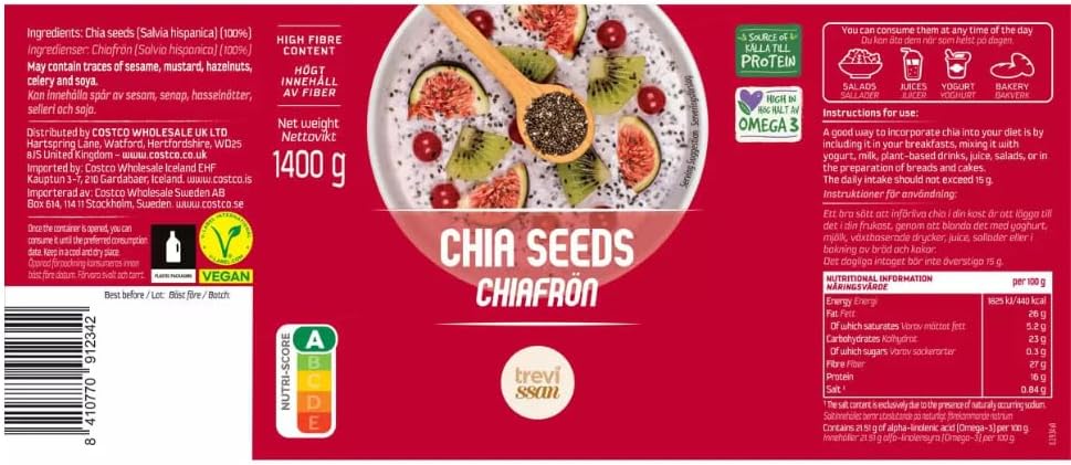 Trevissan chia seeds ingredients, how to use and barcode label 1.4kg pack