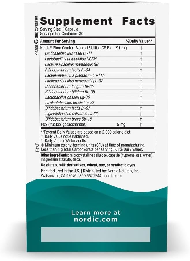 Supplement facts label for Nordic Naturals probiotic with 13 strains and prebiotics.