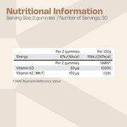 Supplement facts panel for Nutriburst Vitamin D3 2000IU with K2 MK7 gummies.