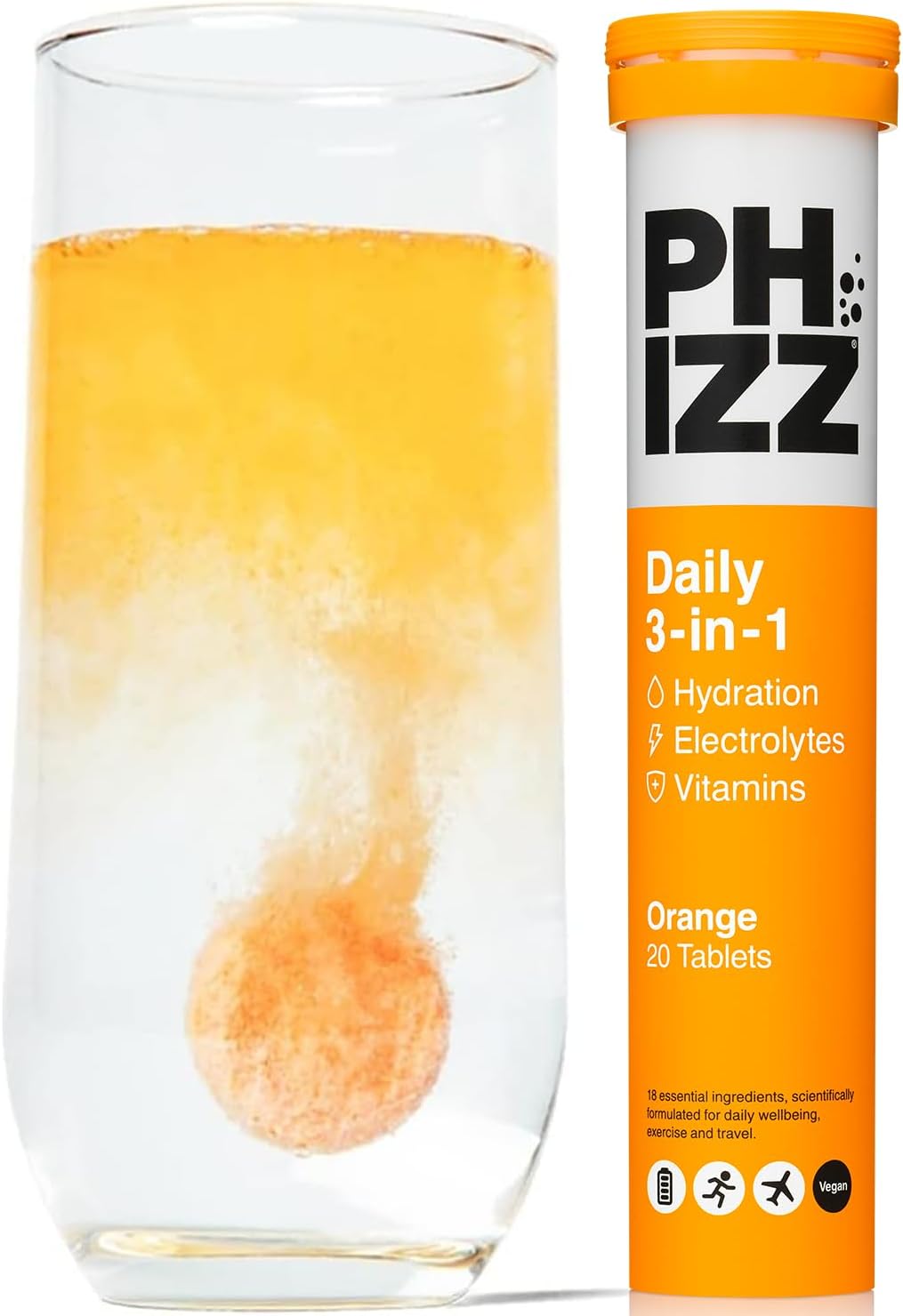Phizz daily 3 in 1 electrolyte multivitamin orange effervescent tablets tube 20 tablets