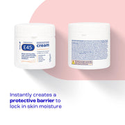 Front & back of E45 Cream tub showing ingredients and instructions.