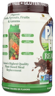 Meal replacement powder container with health benefits and branding on a white background