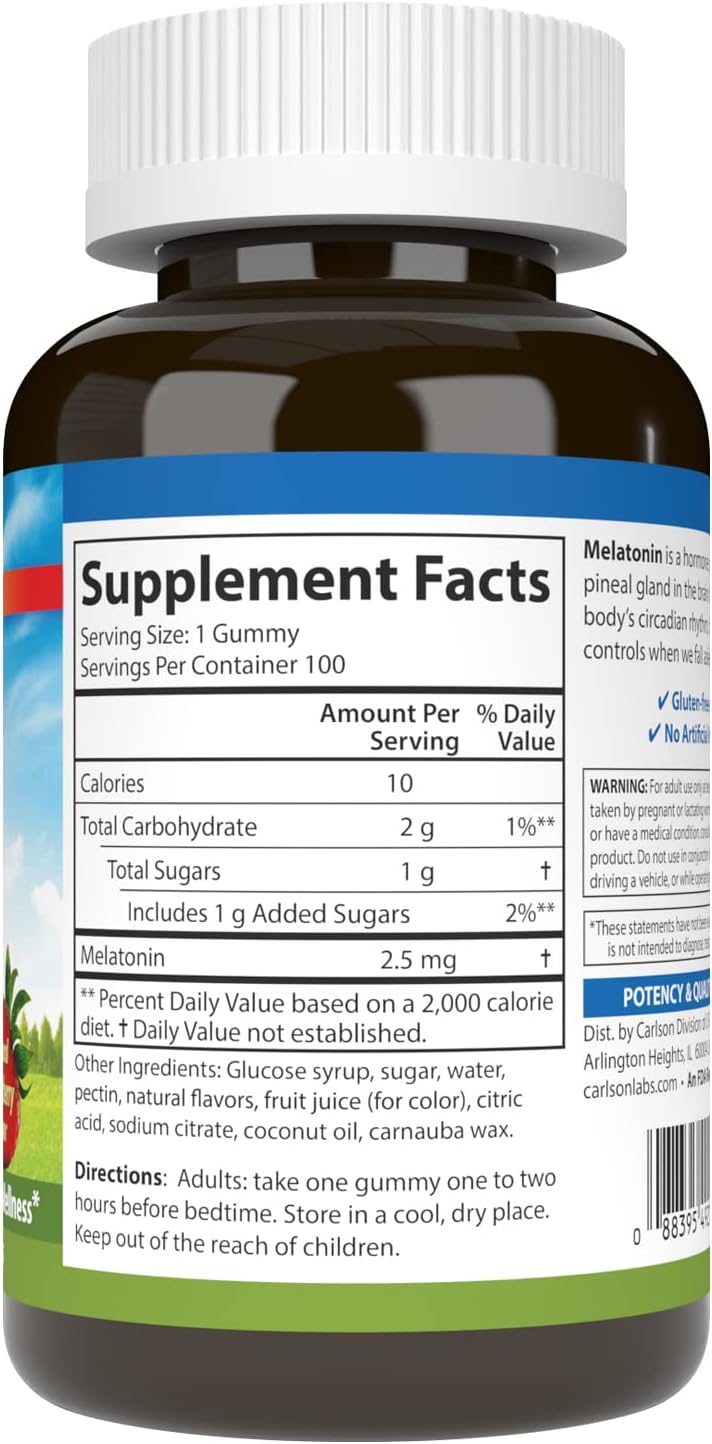 Supplement facts & ingredients image: Carlson Melatonin 2.5 mg supplement facts vegetarian gummies 100 bottle