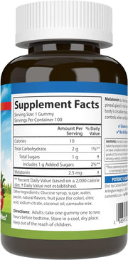 Supplement facts & ingredients image: Carlson Melatonin 2.5 mg supplement facts vegetarian gummies 100 bottle