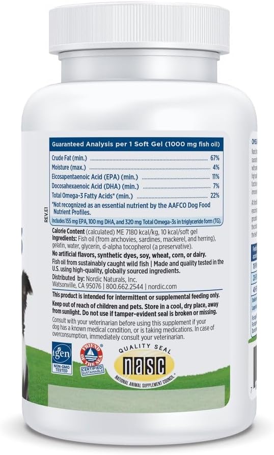 Label showing supplement facts and dosage for Nordic Naturals fish oil for dogs.
