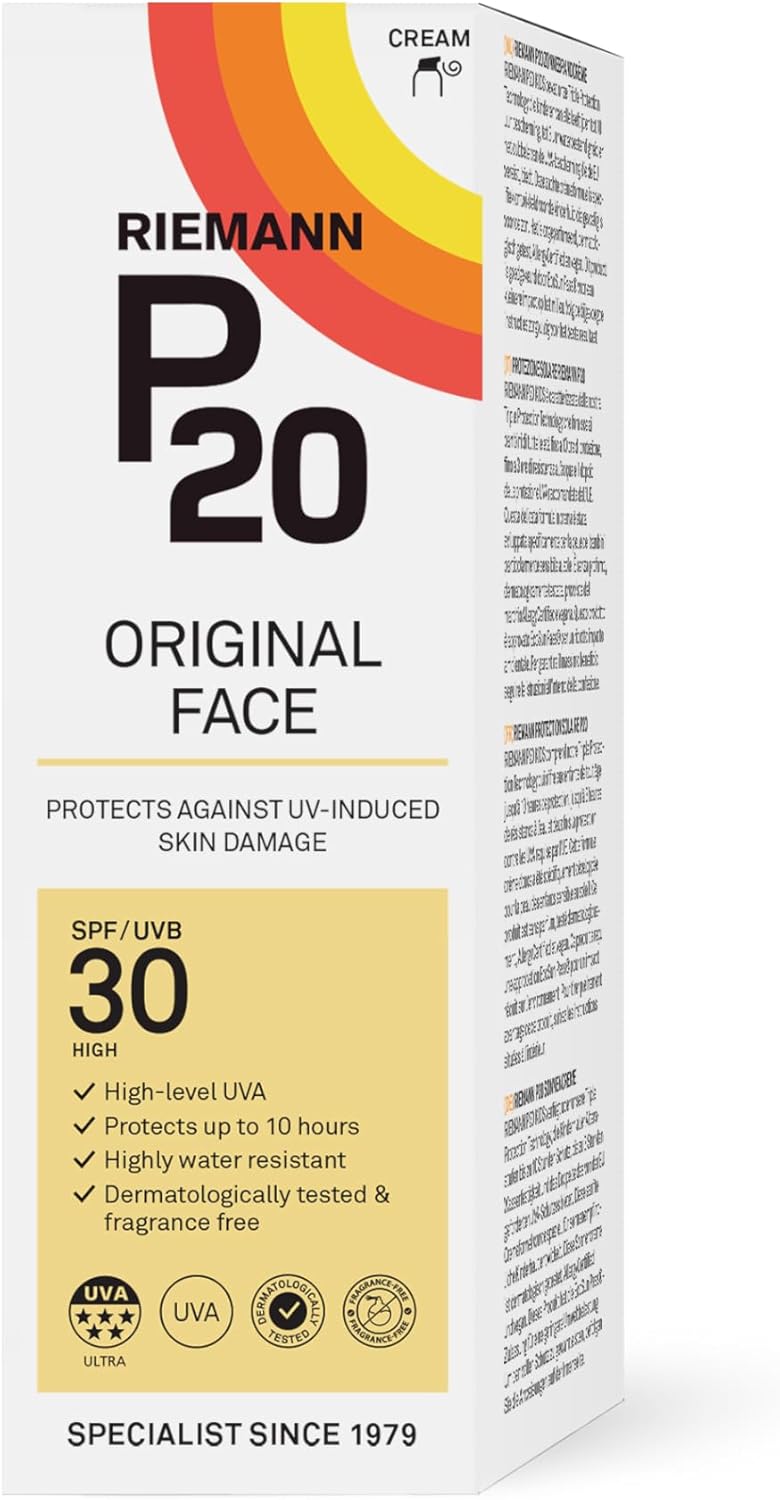Riemann P20 Original Face Sun Cream SPF30 tube, 50g, on white background.