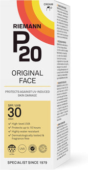 Riemann P20 Original Face Sun Cream SPF30 tube, 50g, on white background.