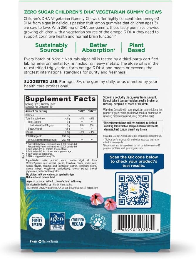 Supplement facts for Nordic Naturals vegan kids DHA gummy chews.