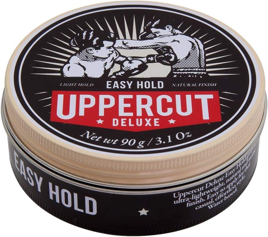 Top image: Uppercut Deluxe Easy Hold Hair Putty 90g jar matte styling product packaging