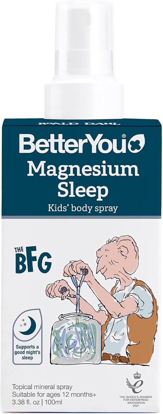 BetterYou Magnesium Kids Body Spray bottle, 100ml, with lavender, on white background.