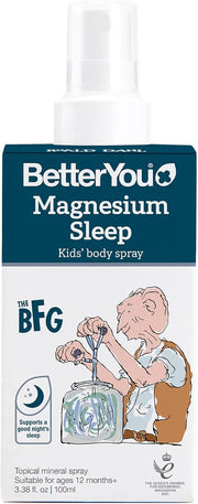 BetterYou Magnesium Kids Body Spray bottle, 100ml, with lavender, on white background.