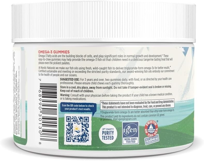 Supplement facts for Nordic Naturals Omega-3 Fish Oil 60 Gummies, tangerine flavour.
