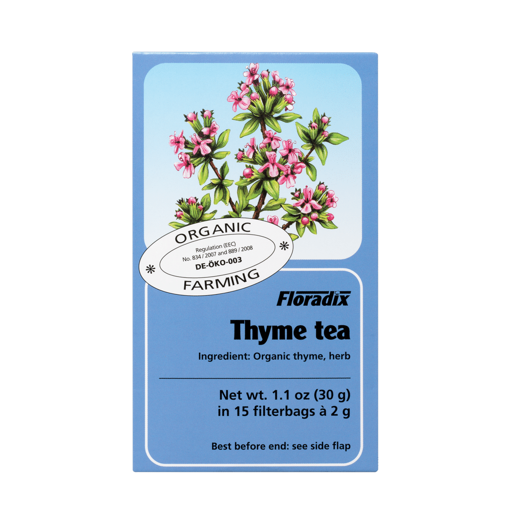 Box of Floradix Organic Thyme Herbal Tea, 15 teabags, certified organic.
