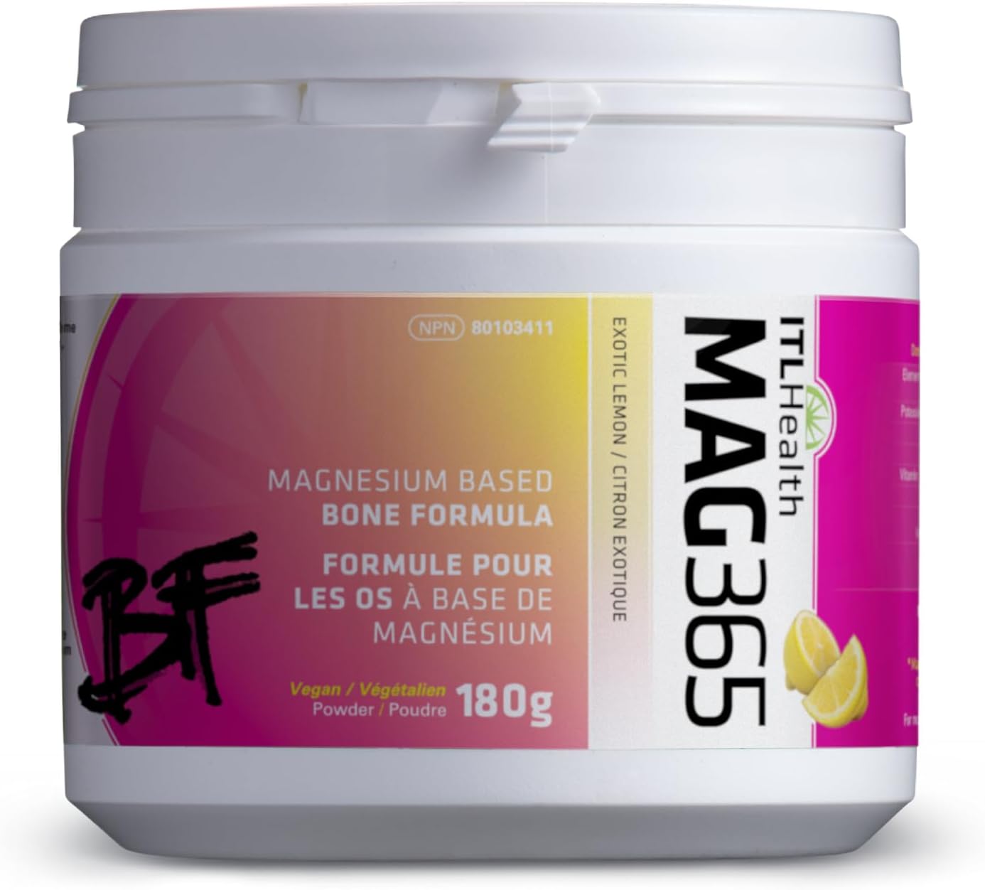 MAG365 BF Magnesium Mineral Powder tub, exotic lemon flavour, 180g.