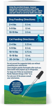 Supplement facts label and dosing guide for Nordic Naturals liquid pet supplement.