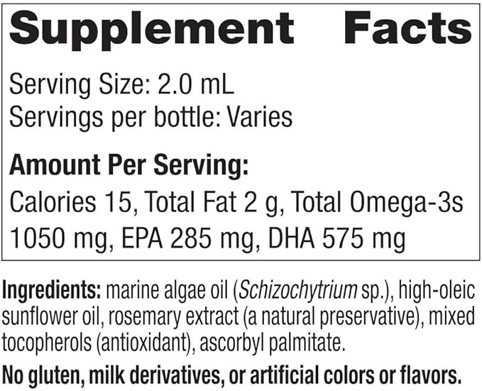 Dosage chart and supplement facts for infant vegan DHA oil.