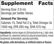 Dosage chart and supplement facts for infant vegan DHA oil.