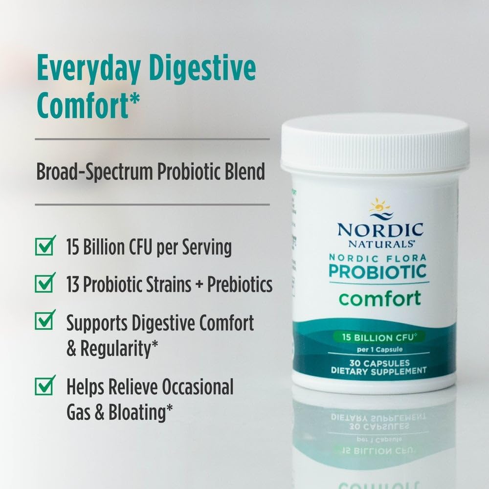 Supplement facts label for Nordic Naturals probiotic with 13 strains and prebiotics.