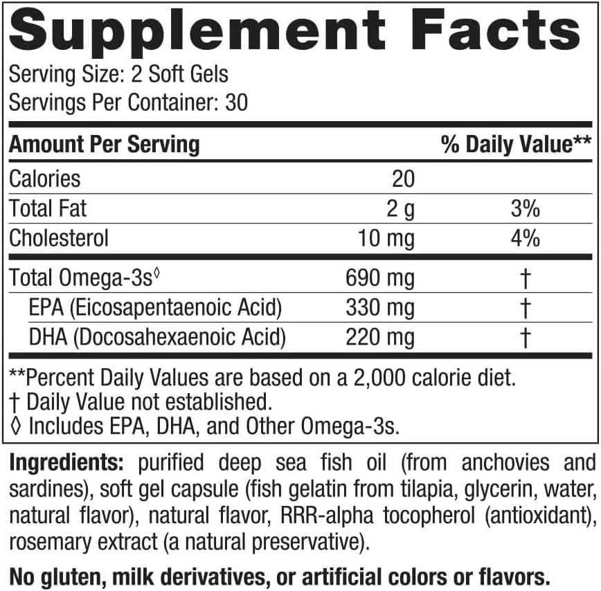 Ingredients and supplement facts label for lemon omega-3 soft gels.