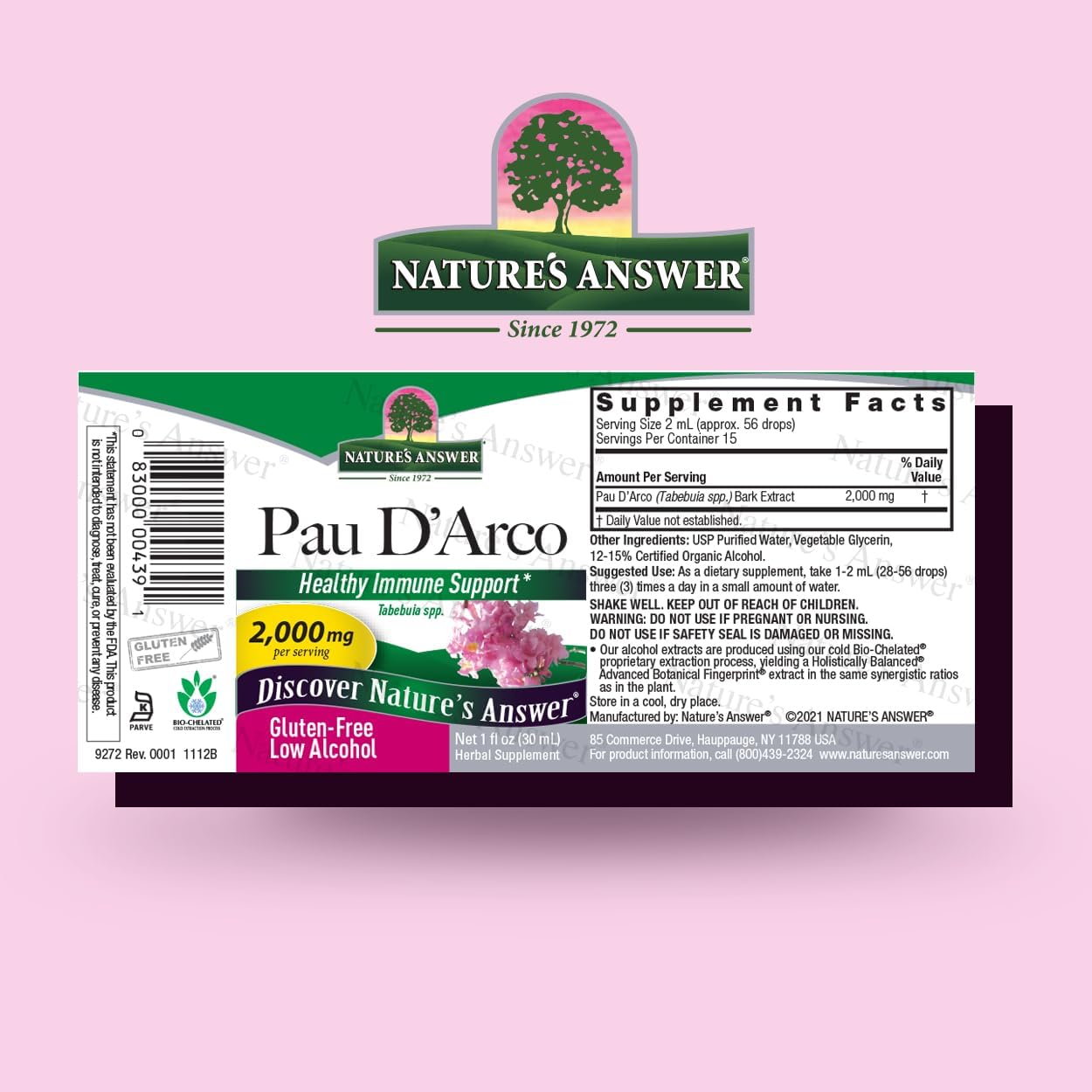 Nature's Answer Pau D'Arco supplement label on a pink background