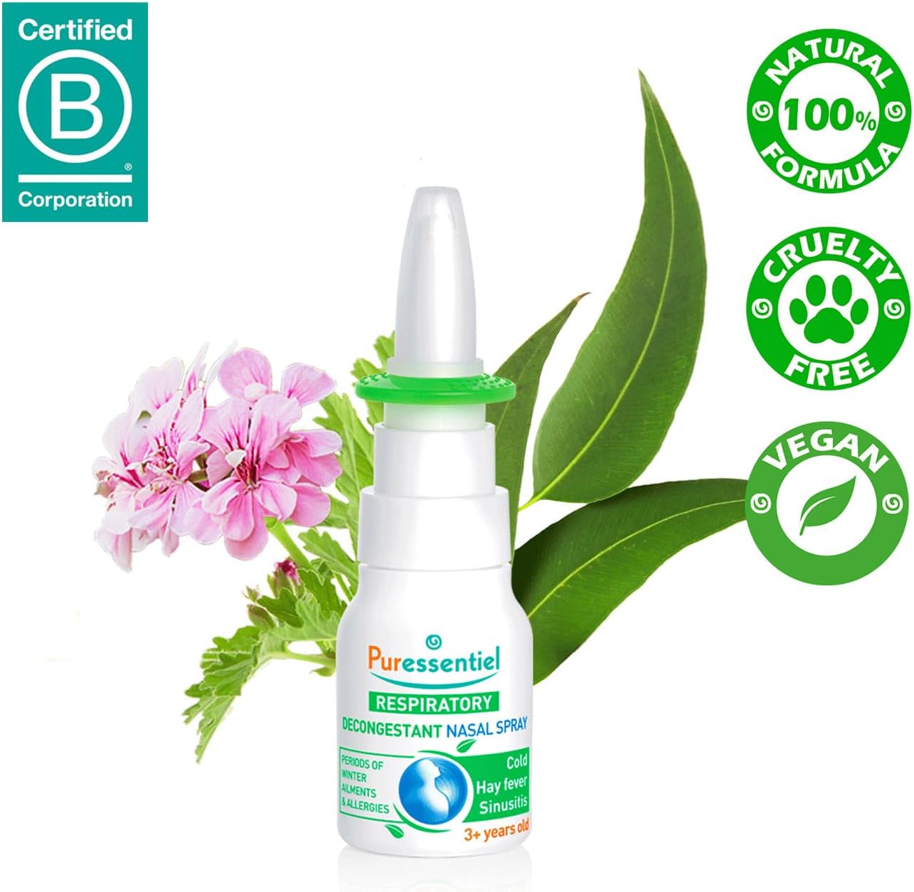 Puressentiel nasal spray bottle with cap on a white background.