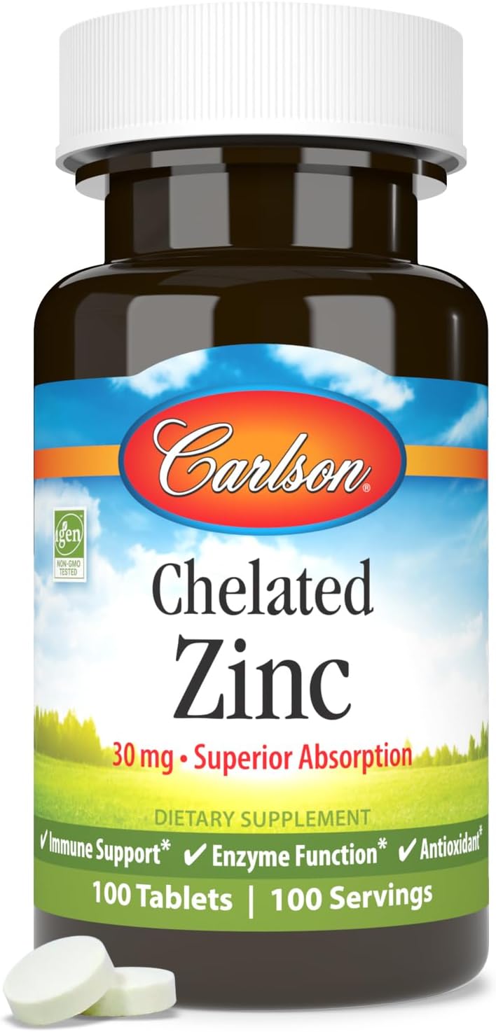 Front image: Carlson Chelated Zinc 30 mg tablets supplement bottle 100 count
