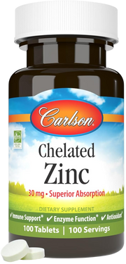 Front image: Carlson Chelated Zinc 30 mg tablets supplement bottle 100 count