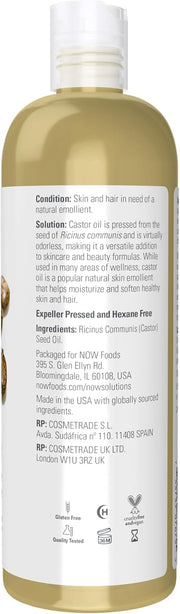 Supplement facts label and usage instructions for NOW Pure Castor Oil.