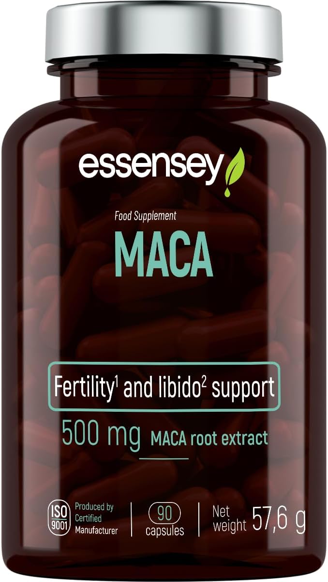 Essensey Maca Root Extract bottle, 90 vegan capsules, on a neutral background.