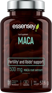 Essensey Maca Root Extract bottle, 90 vegan capsules, on a neutral background.