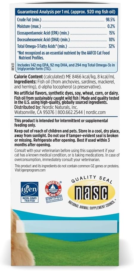 Supplement facts, ingredients, and directions for cat fish oil liquid.