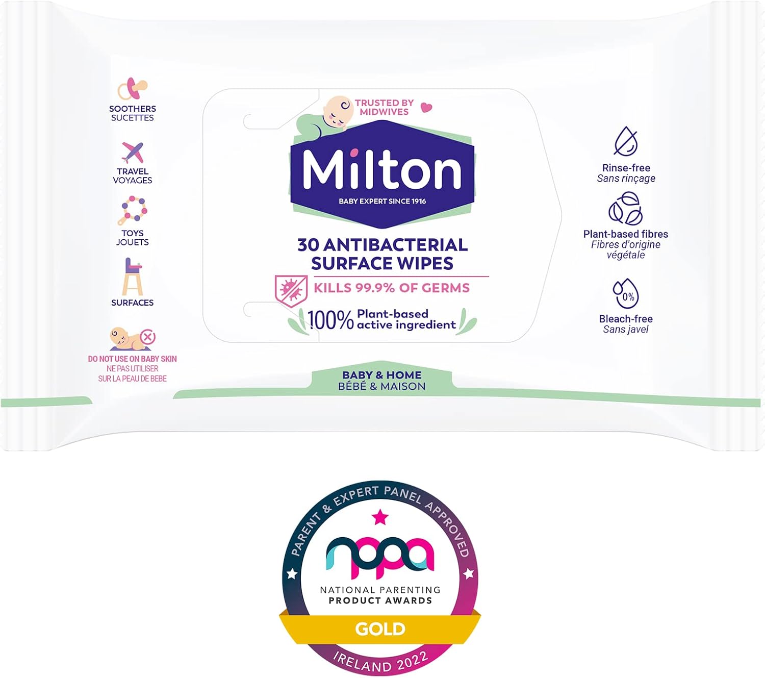Pack of Milton Antibacterial Surface Wipes, unscented, 30 count.