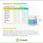 Nutrition table and ingredients for MAG365 Kids Multi powder.