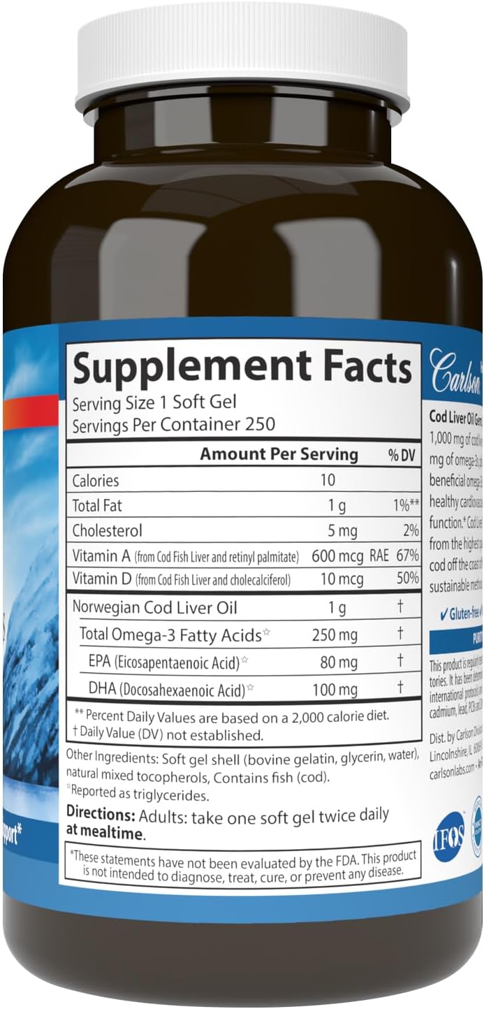 Supplement facts & ingredients image: Carlson Cod Liver Oil omega 3 vitamins A D3 supplement facts 250 softgels