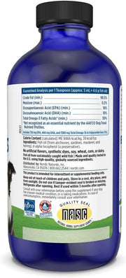 Supplement facts label and dosing guide for Nordic Naturals liquid pet supplement.