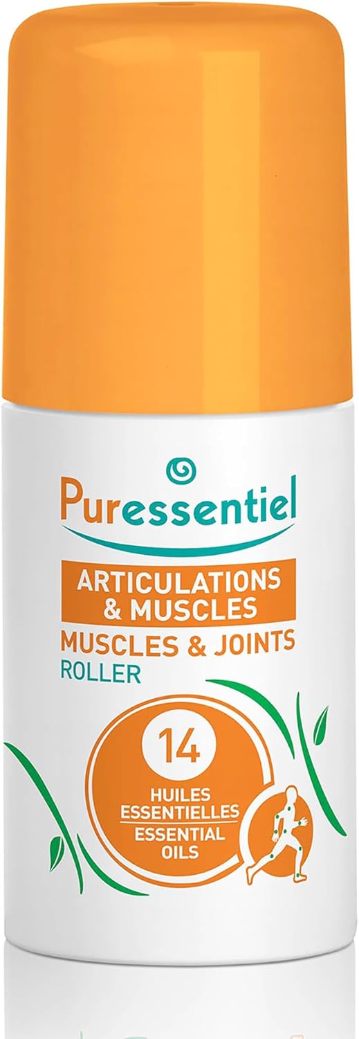 Puressentiel Muscles & Joints Roll-On bottle, 75ml, with 14 essential oils.