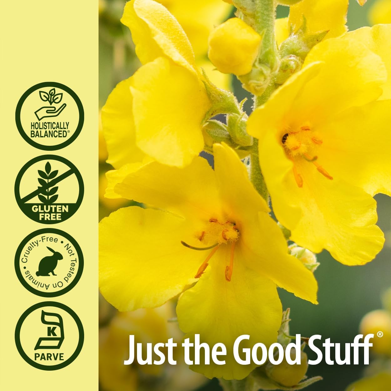 Yellow flowers with 'Just the Good Stuff' branding and certification logos on a beige background