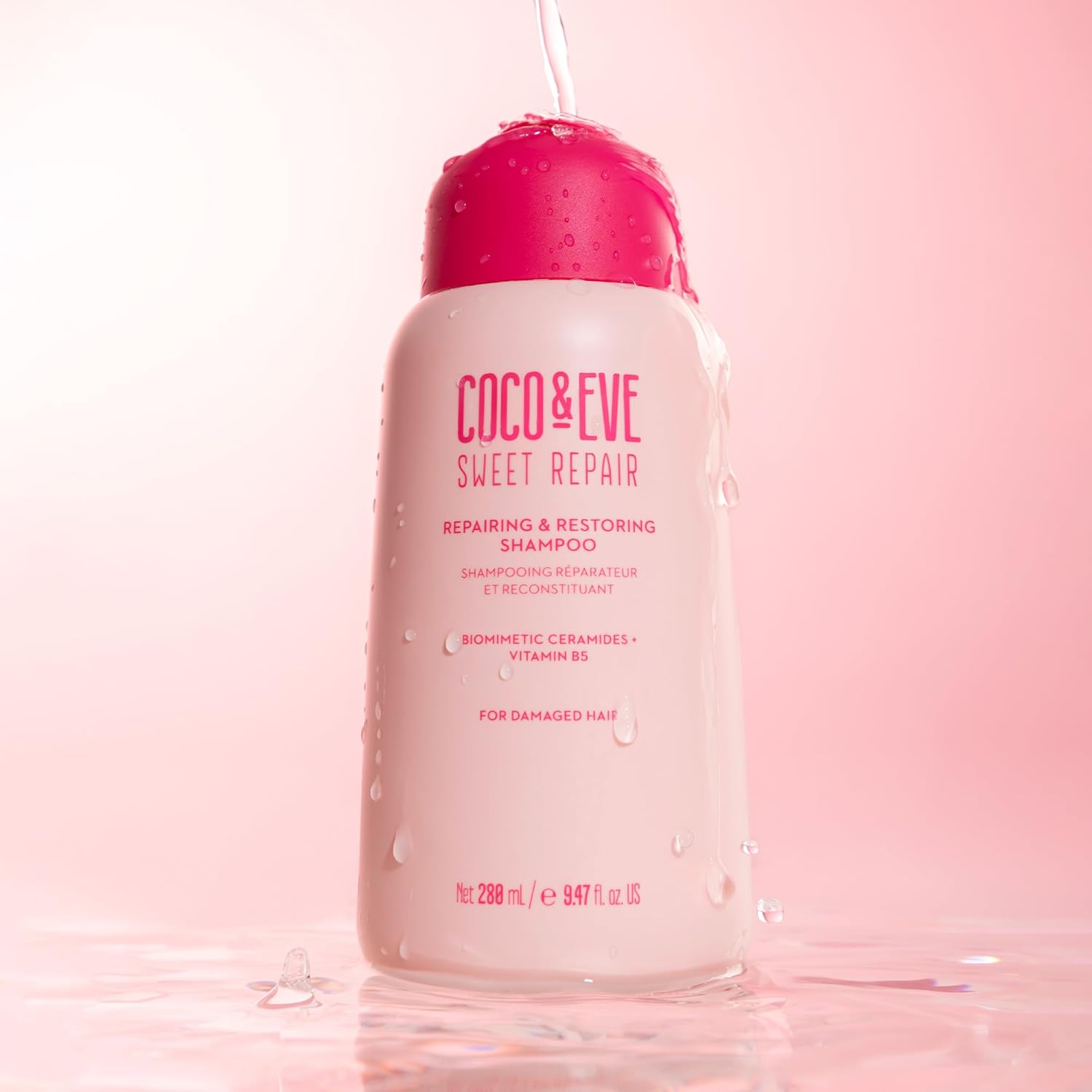 Coco & Eve Sweet Repair Shampoo bottle with pink and white design, 280ml.