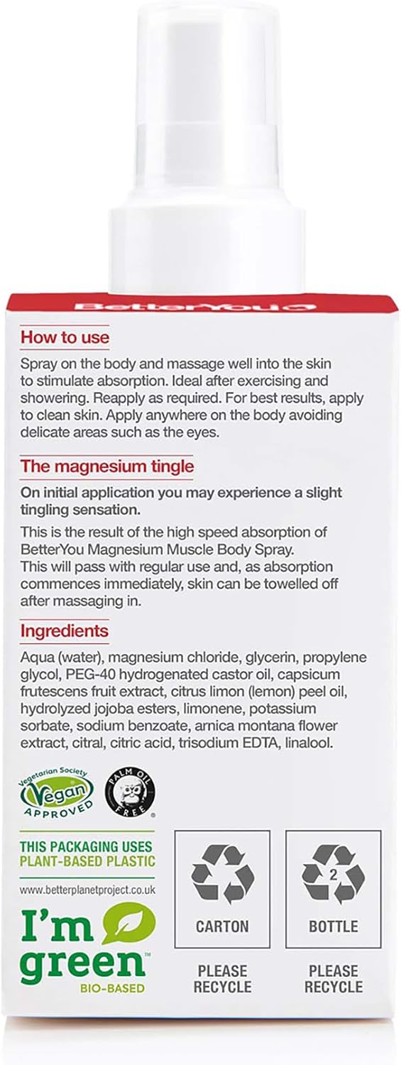 Back: Ingredients list for BetterYou Magnesium Body Spray.