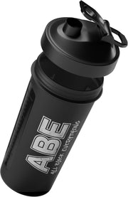 Applied Nutrition ABE All Black Everything Protein Shaker Bottle 700ml, black with white logo, on white background. Open lid.