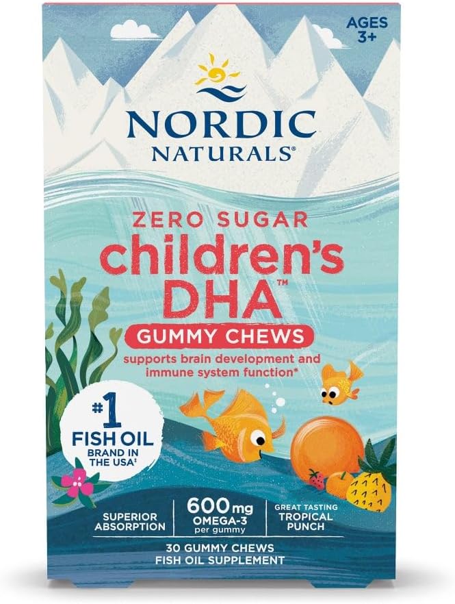 Nordic Naturals Zero Sugar Children's DHA Gummy Chews tropical punch, 30 count box.