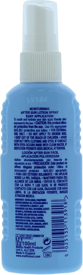 Back label of Malibu After Sun Spray showing ingredients and 'No Sun Protection' note & barcode.